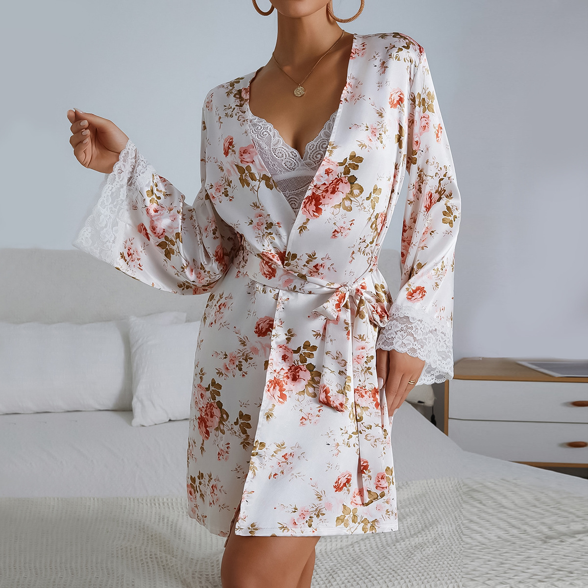 Floral Print Belted Satin Robe With Lingerie Set